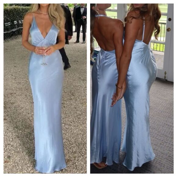 NWT Lovers and Friends Maxi Dress Alani Light Blue Satin Gown Wedding Guest sz S - Picture 1 of 10